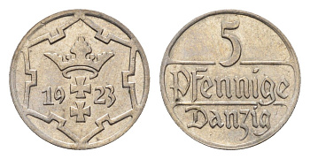 Данциг 5 пфеннигов 1923 KM 142 медно-никель UNC 1529-1421