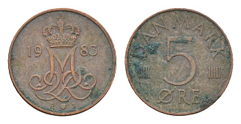 Дания 5 эре 1983 R; B, Маргрете II (1972-2024) KM 859 железо плакированная медью 4701-923