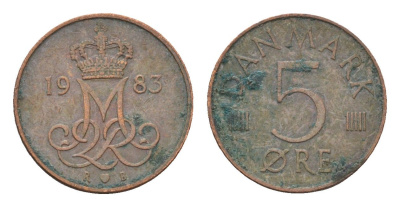 Дания 5 эре 1983 R; B, Маргрете II (1972-2024) KM 859 железо плакированная медью 4701-923
