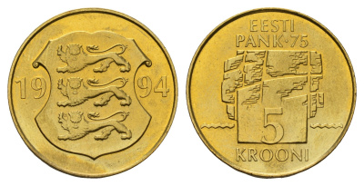 Эстония 5 крон 1994 75 лет Банку Эстонии KM 30 латунь UNC 4448-131