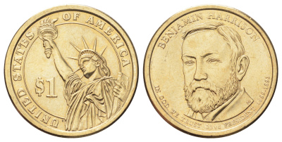 США 1 доллар 2012 Президент США - Бенджамин Гаррисон (1889–1893) KM 526 медь с марганцево-латунным покрытием UNC 4699-931