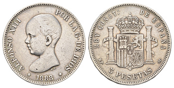 Испания 5 песет 1888 Альфонсо XIII (1886-1931) KM 689 серебро 1529-1312