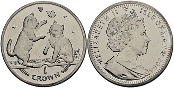Остров Мэн 1 крона 2004 котята с бабочкой КМ 1246.2 медно-никель UNC M82-05