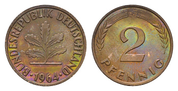 ФРГ 2 пфеннига 1964 F KM 106, J. 381 бронза 4682-1114