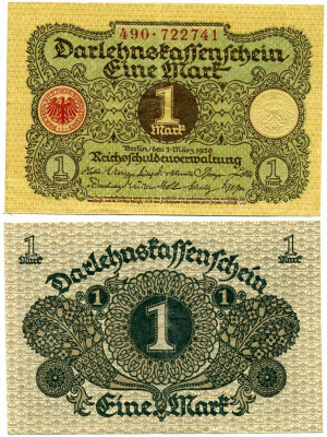 ГЕРМАНИЯ 1 МАРКА 1920 1 МАРТА 1920, ВЕЙМАРСКАЯ РЕСПУБЛИКА Pick 58 бумага 7548-23-1-1