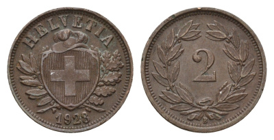 Швейцария 2 раппена 1928 B KM 4.2 бронза 46-854