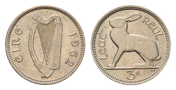 Ирландия 3 пенса 1962 заяц KM 12a медно-никель aUNC 4690-321
