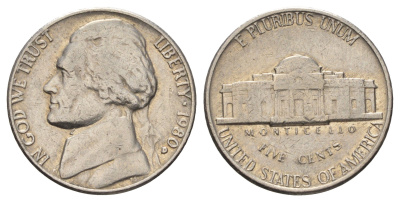 США 5 центов 1980 D, Джефферсон KM A192 медно-никель 4671-926