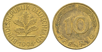 Германия 10 пфеннигов 1994 D KM 108, J. 383 сталь плакированная латунью 4684-1224