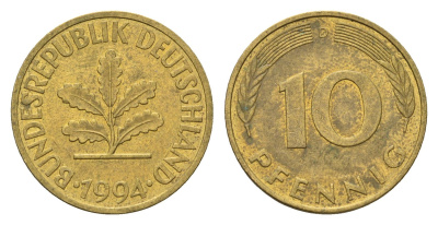 Германия 10 пфеннигов 1994 D KM 108, J. 383 сталь плакированная латунью 4684-1224