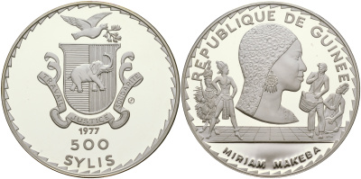 Гвинея 500 сили 1977 Мириам Макеба, певица, тираж 500 экземпляров KM 46 серебро PROOF 00-815-71
