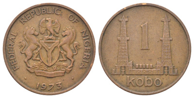 Нигерия 1 кобо 1973 нефтяные вышки KM 8.1 бронза 4699-1015