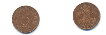 ДАНИЯ 5 ЭРЕ 1983 R; B, МАРГРЕТЕ II (1972-) KM 859.3 железо плакированное медью 23-623