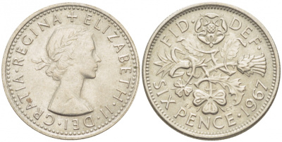 Великобритания 6 пенсов 1967 Елизавета II (1952-2022) KM 903, Spink 4149 медно-никель 214-1068