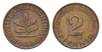 ФРГ 2 пфеннига 1960 D KM 106, J. 381 бронза 4532-715
