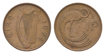Ирландия 1 пенни 1974 мифологическая птица лира KM 20 бронза 4690-355