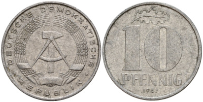 ГДР 10 пфеннигов 1967 A KM 10 алюминий 28-347
