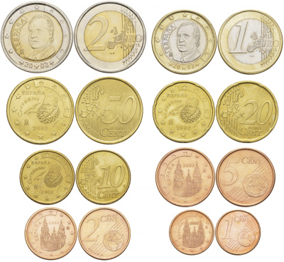 Испания полный евронабор из 8 монет 2002 1, 2, 5, 10, 20, 50 евроцентов, 1 и 2 евро KM 1040, 1041, 1042, 1070, 1071, 1072, 1073, 1074 4686-141-148