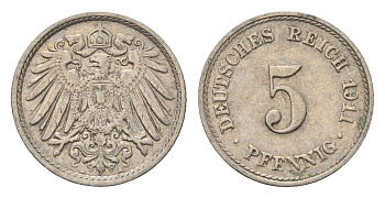 Германия 5 пфеннигов 1911 A KM 11, J. 12 медно-никель 4696-646