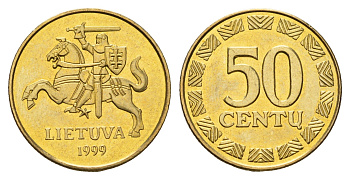 Литва 50 центов (сентов) 1999 KM 108 никель латунь UNC 4148-644