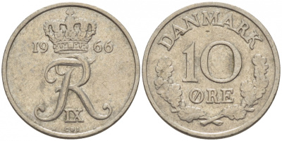 Дания 10 эре 1966 С; S, Фредерик IX (1947-1972) KM 849.1 медно-никель 3309-152