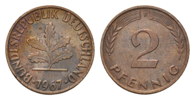 ФРГ 2 пфеннига 1967 F KM 106, J. 381 бронза 3458-721