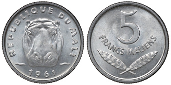 Мали 5 франков 1961 бегемот KM 2 алюминий UNC M55-08