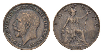 Великобритания 1 фартинг 1918 Георг V (1910-1936) KM 808.1, Spink 4059 бронза 4697-845