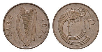 Ирландия 1 пенни 1974 мифологическая птица лира KM 20 бронза 4690-357