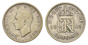 Великобритания 6 пенсов 1945 Георг VI (1936-1952) KM 852, Spink 4084 серебро 99-939