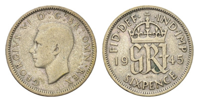 Великобритания 6 пенсов 1945 Георг VI (1936-1952) KM 852, Spink 4084 серебро 99-939