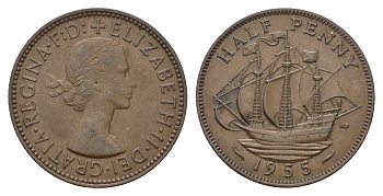 Великобритания 1/2 пенни 1955 Елизавета II (1952-2022) KM 896, Spink 4158 бронза 94-235