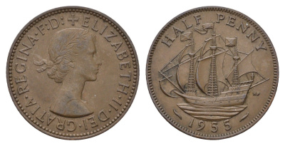 Великобритания 1/2 пенни 1955 Елизавета II (1952-2022) KM 896, Spink 4158 бронза 94-235