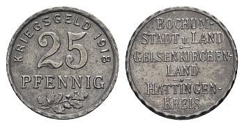 Бохум, Гельзенкирхен, Хаттинген 25 пфеннигов 1918 Funck 49.2A, Men05 3022.4, Men18 3860.4 железо 4548-1026