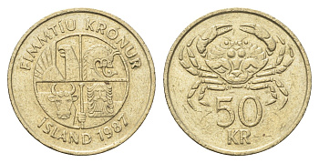 Исландия 50 крон 1987 краб KM 31 никель латунь 4695-543