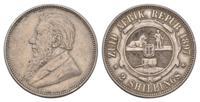 ЮАР 2 шиллинга 1897 ZAR, Трансвааль, Крюгер KM 6 серебро 1531-1432