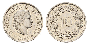 Швейцария 10 раппенов 1981 KM 27 медно-никель 4684-619