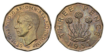 Великобритания 3 пенса 1937 Георг VI (1936-1952) KM 849, Spink 4112 никель латунь UNC 4691-636