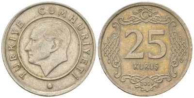 Турция 25 курушей 2009 KM 1242 медно-никель 4610-745