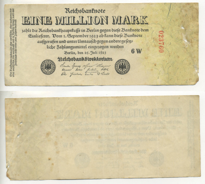 Германия 1000000 марок 1923 25 июля 1923, серия 6 W Pick 94 (2-1) бумага 434-25-1-2
