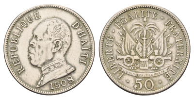 Гаити 50 сантимов 1908 Президент Пьер Нор Алексис KM 56 медно-никель 413-5123