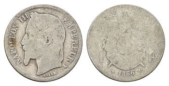Франция 1 франк 1866 A, Наполеон III (1852-1870) KM 806 серебро 94-1235