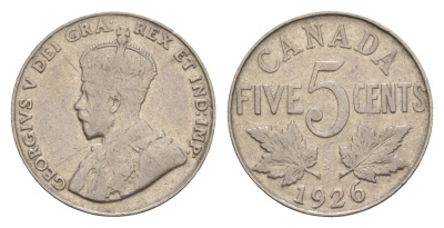 Канада 5 центов 1926 Георг V (1910-1936), редкий год - 938.162 экземпляров KM 29 никель 4655-443