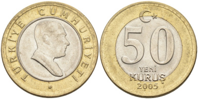 Турция 50 курушей 2005 Кемаль Ататюрк KM 1168 биметалл аUNC 4561-115
