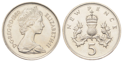 Великобритания 5 пенсов 1980 Елизавета II (1952-2022) KM 911, Spink 4233 (D1) медно-никель UNC 4698-1024