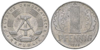 ГДР 1 пфенниг 1968 А КМ 8.1 алюминий 4651-1114