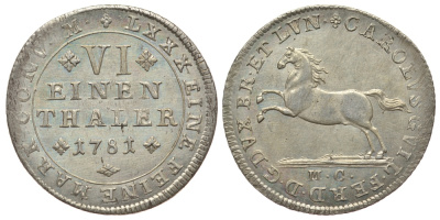 Брауншвейг-Вольфенбюттель 1/6 талера 1781 МС, вес 5,09 гр., КМ 1001 серебро 413-823