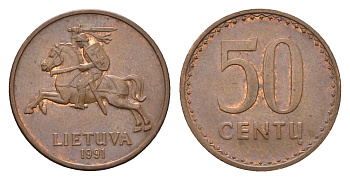 Литва 50 центов (сентов) 1991 год-тип KM 90 бронза 4689-1068