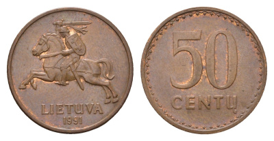 Литва 50 центов (сентов) 1991 год-тип KM 90 бронза 4689-1068