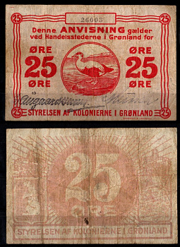 Гренландия 25 эре ND (1913) Гагачья утка Pick 11 a бумага 451-411-2